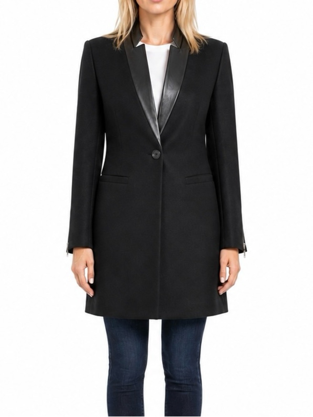 BCBGMAXAZRIA Demi Black Leather Trim Tailored Longline Coat Size M